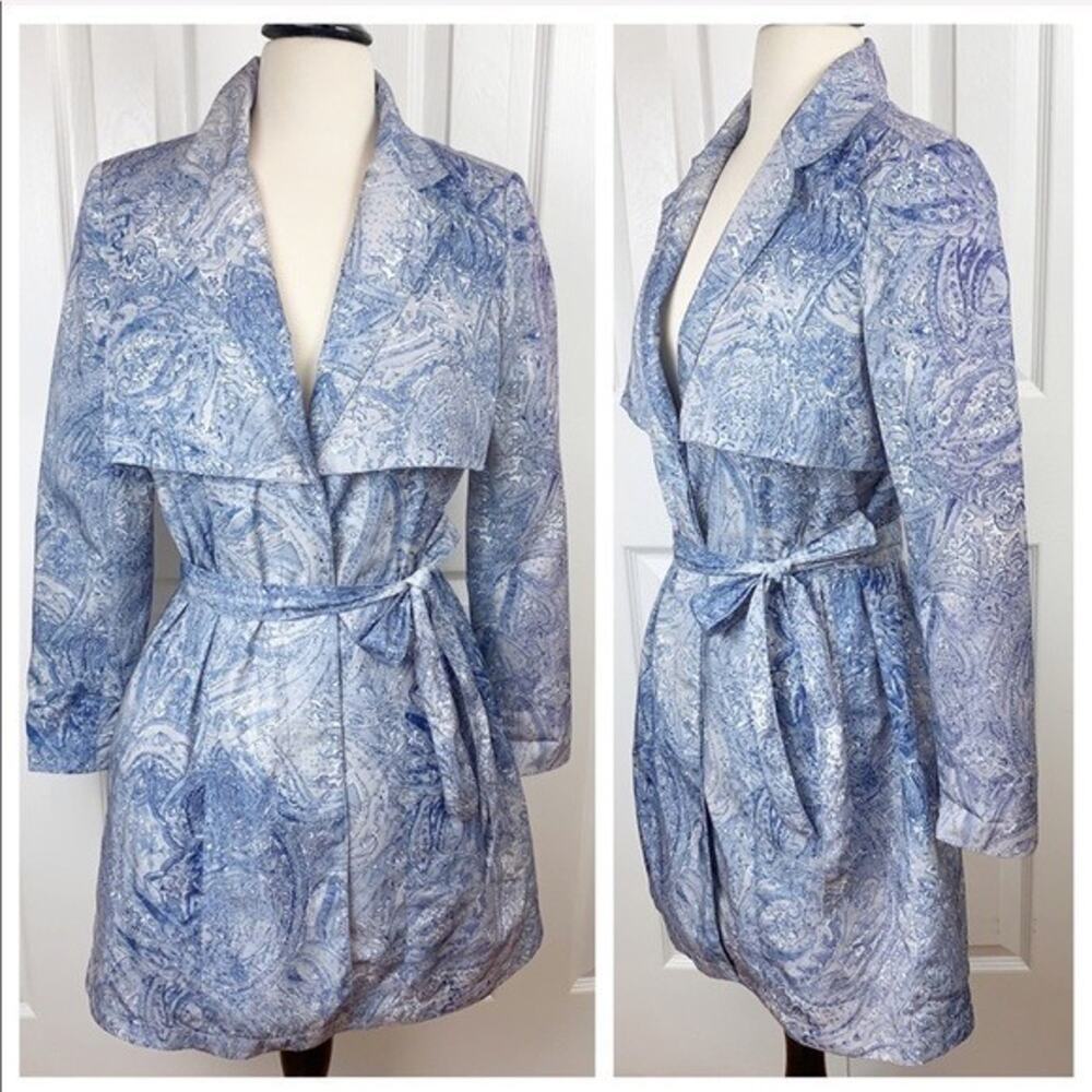 Women Jacket Small BADGLEY MISCHKA S Paisley Trench Coat Blue Jacket